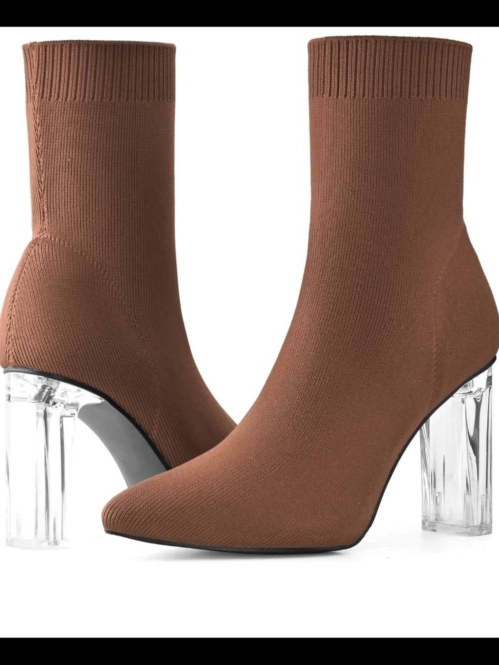 Rust Sock Booties with Clear Chunky Heel
